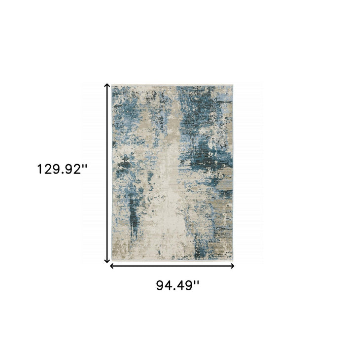 8' x 11' Abstract Power Loom Stain Resistant Area Rug With Fringe - Blue Gray Ivory Light Blue And Dark Blue