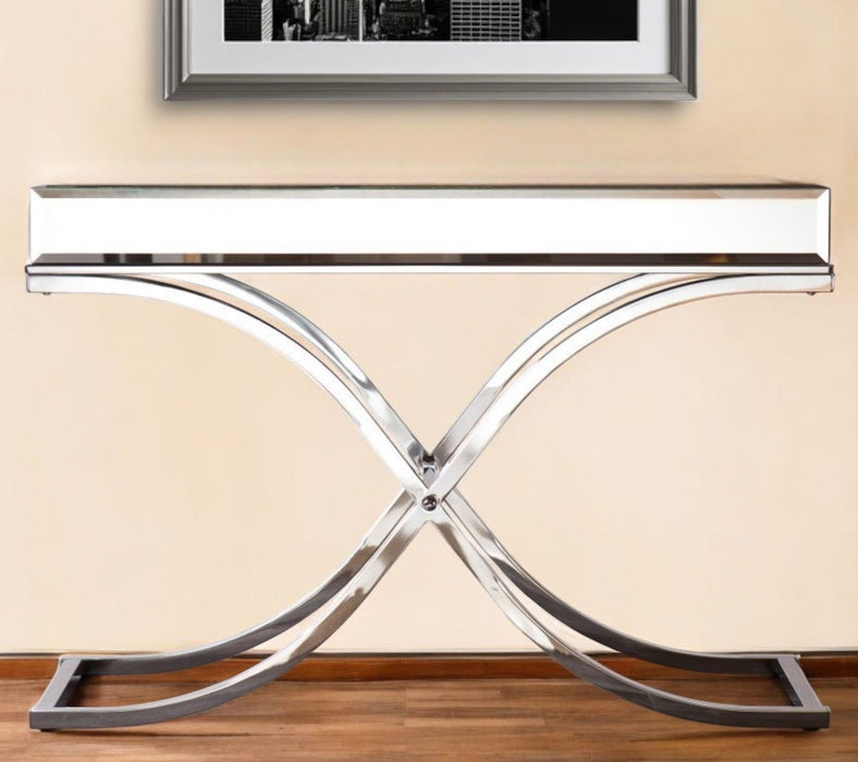 Mirrored Glass Cross Console Table - Silver
