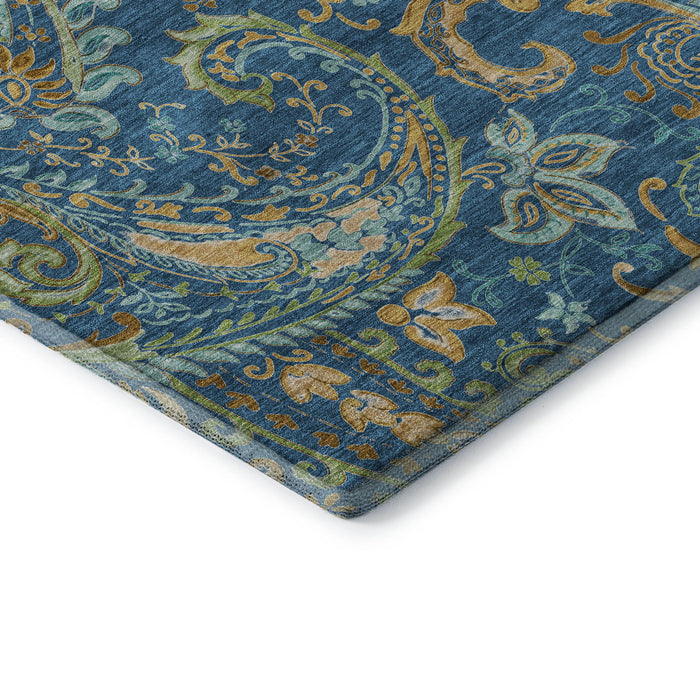 8' X 10' Paisley Distressed Washable Area Rug With UV Protection (647984) - Navy Blue / Green / Gold
