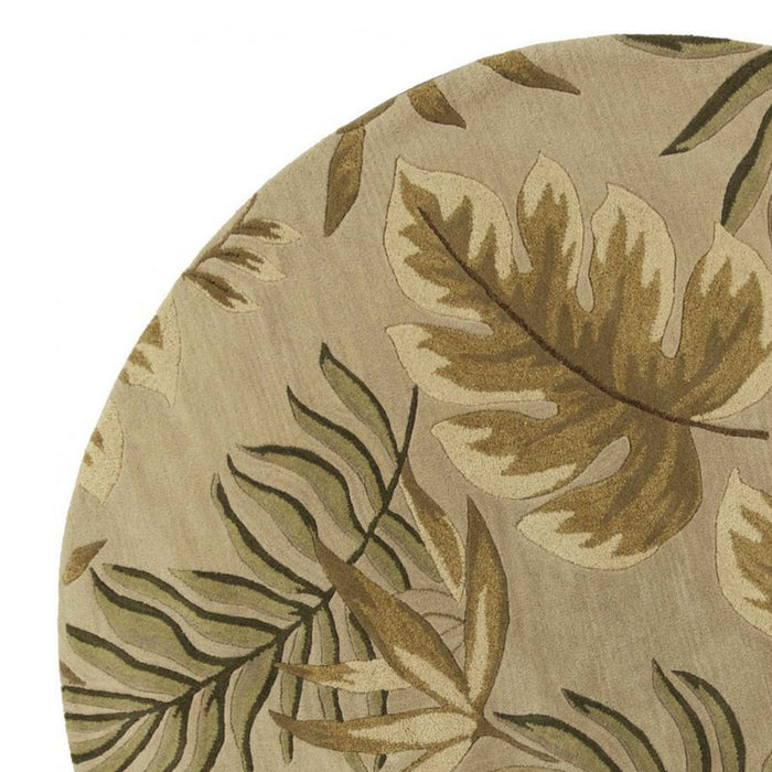 8' Hand Tufted Tropical Leaves Round Indoor Area Rug - Sand Beige