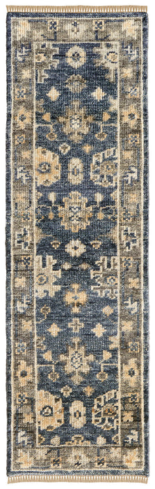 14' Wool Floral Hand Knotted Runner Rug With Fringe - Blue And Gray