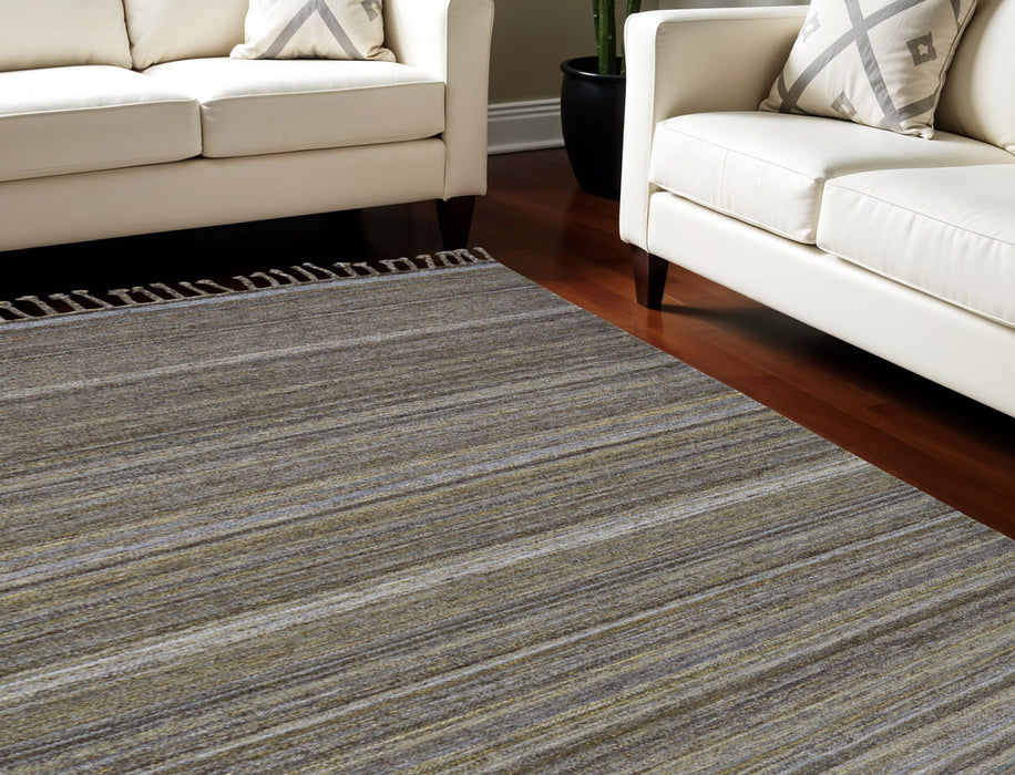 9' x 12' Wool Striped Hand Woven Area Rug With Fringe - Gray And Green