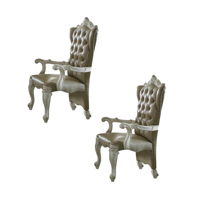 Tufted Faux Leather Wood Wing Back Dining Arm Chairs (Set of 2) - Bone / Gray