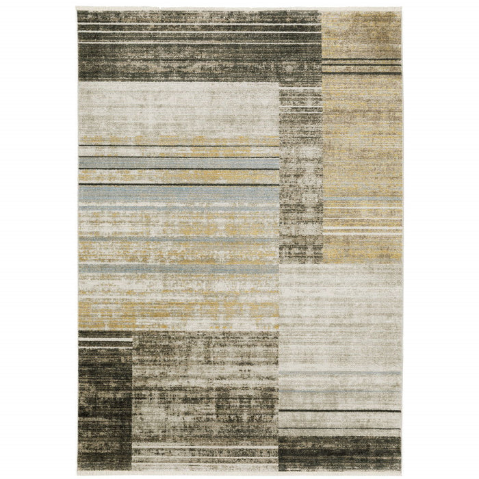 6' x 9' Geometric Power Loom Stain Resistant Area Rug With Fringe - Beige Charcoal Brown Gray Tan Gold And Blue