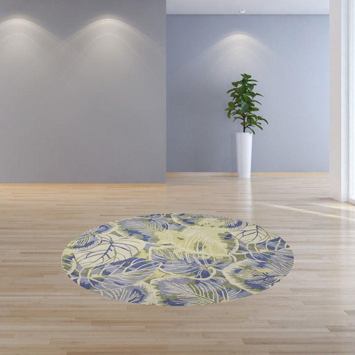 6' Hand Tufted Tropical Leaves Round Indoor Area Rug - Blue Green