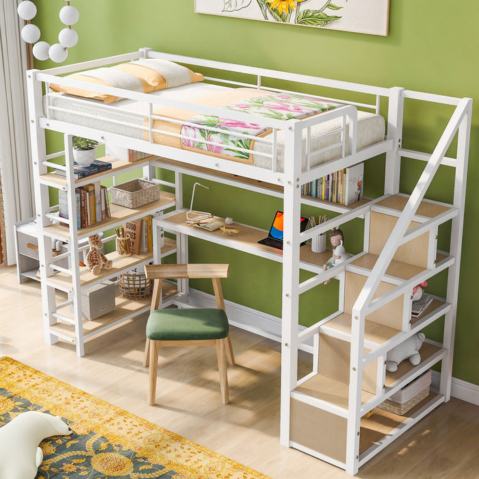 White Giga twin size loft bed with built-in desk, staircase storage, and four-tier shelves, showcasing modern bedroom furniture.