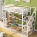 White Giga twin size loft bed with built-in desk, staircase storage, and four-tier shelves, showcasing modern bedroom furniture.