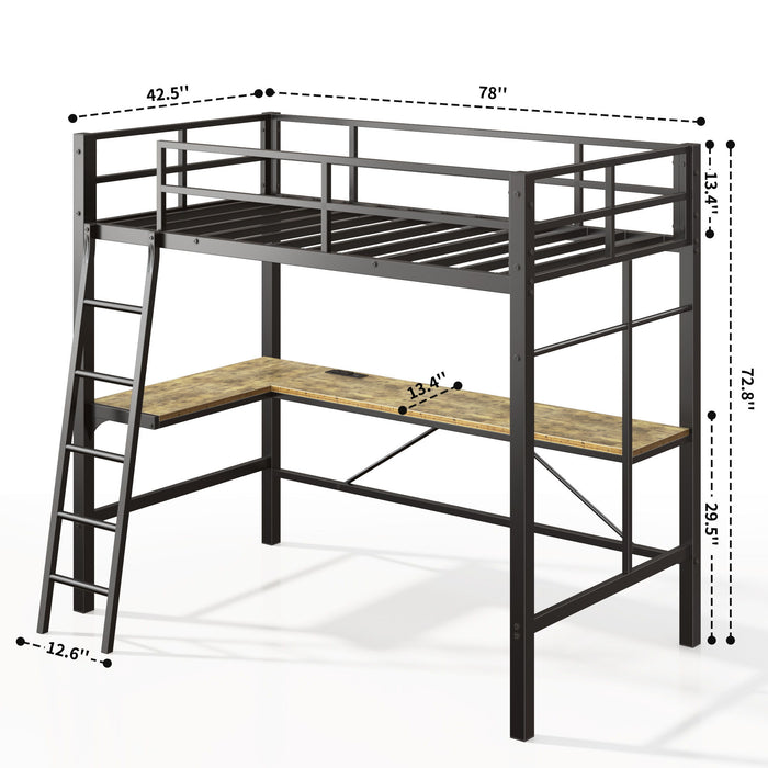Black Giga twin metal loft bed with L-shaped desk, safety guard, ladder, and built-in charging station, no box spring needed.