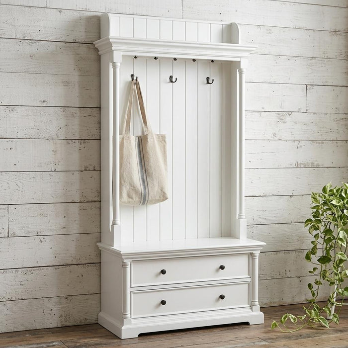 Classic Hall Tree Coat Rack With Drawers - White