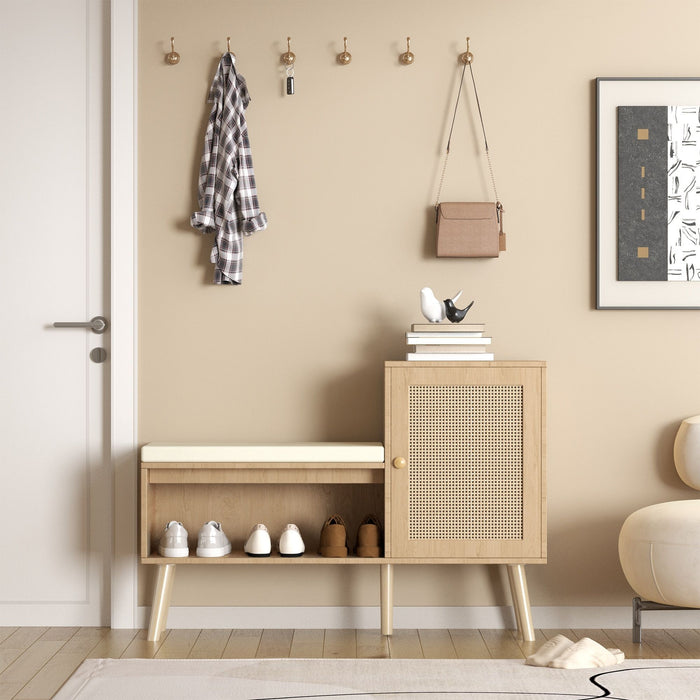 Giga 2-in-1 shoe storage bench with adjustable shelves, antique natural finish, rattan accents, and compact shoe cabinet design.