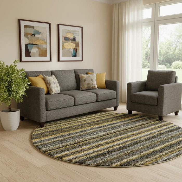 8' Striped Washable Round Rug With UV Protection (650797) - Gold / Ivory / Gray