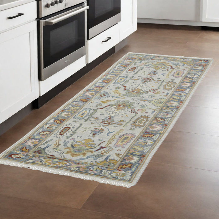 8' Wool Oriental Persian Hand Knotted Runner Rug With Fringe - Gray And Gold