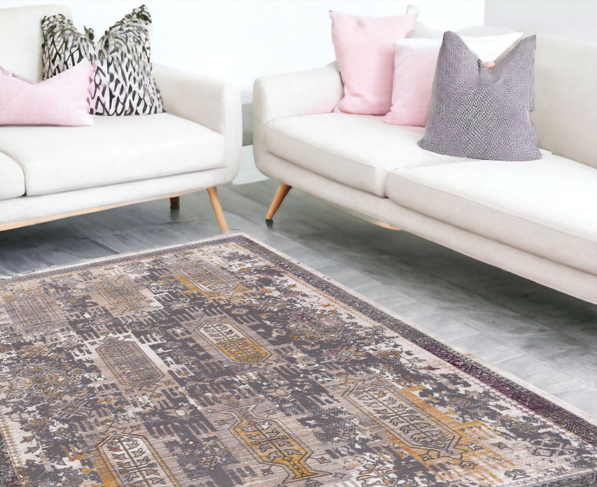 9' x 12' Oriental Power Loom Washable Non Skid Area Rug - Gray And Ivory