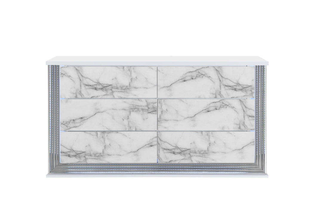 61" Faux Marble And Wood Lighted Six Drawer Double Dresser - White