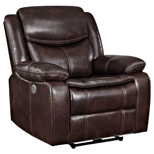CoasterEveryday Sycamore dark brown upholstered power recliner chair with padded arms and footrest