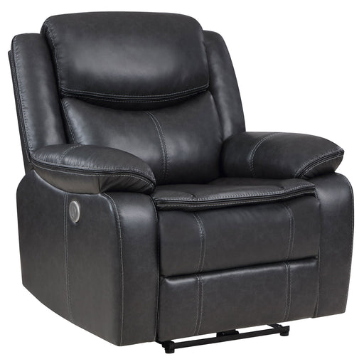 CoasterEveryday Sycamore dark grey upholstered power recliner chair with padded arms and footrest