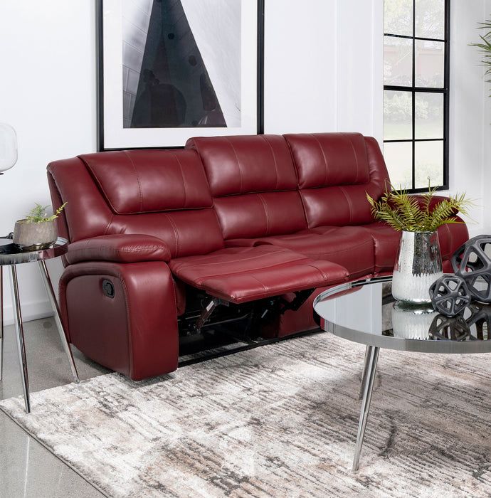 CoasterEveryday Camila upholstered motion reclining sofa in red fabric, front view