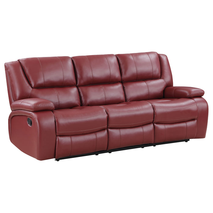 CoasterEveryday Camila upholstered motion reclining sofa in red, side view