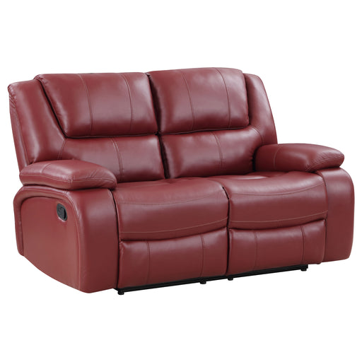 CoasterEveryday Camila upholstered motion reclining loveseat in red fabric with dual reclining seats