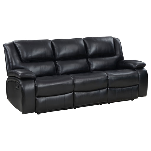 Camila Upholstered Motion Reclining Sofa in black by CoasterEveryday