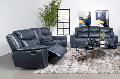 CoasterEveryday Sloane 2-piece upholstered reclining sofa set in blue fabric