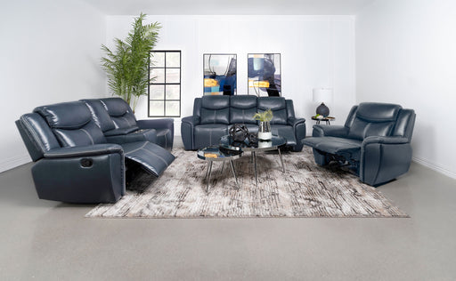 CoasterEveryday Sloane 3-piece upholstered reclining sofa set in blue fabric