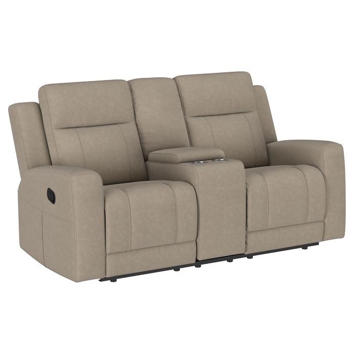 Brentwood 2-piece taupe upholstered reclining sofa set by CoasterEveryday with padded seats and reclining ends