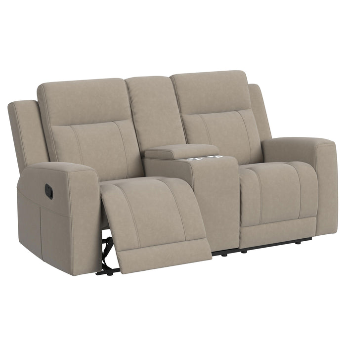 Brentwood taupe upholstered reclining sofa set by CoasterEveryday, two-piece furniture set in a living room