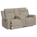 Brentwood taupe upholstered reclining sofa set by CoasterEveryday, two-piece furniture set in a living room