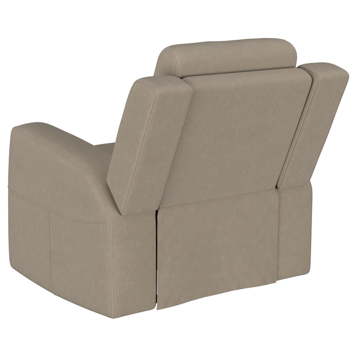 CoasterEveryday Brentwood upholstered recliner chair in taupe fabric with padded arms and cushioned backrest