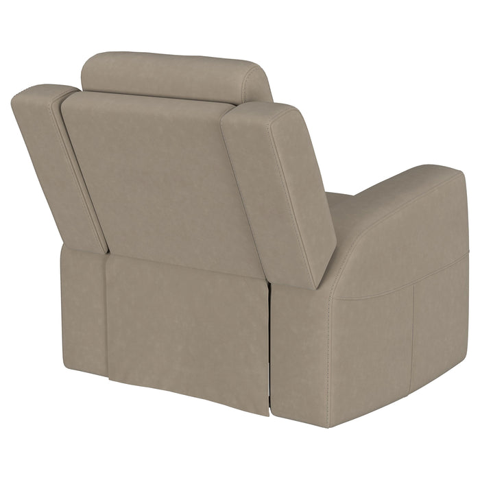 CoasterEveryday Brentwood upholstered recliner chair in taupe fabric with plush cushioning and padded arms