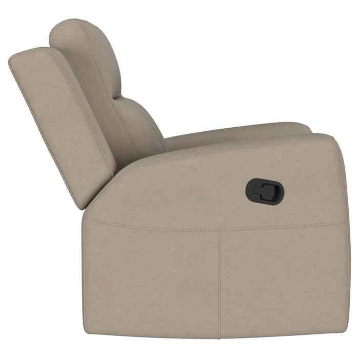 CoasterEveryday Brentwood upholstered recliner chair in taupe fabric with padded arms and cushioned backrest