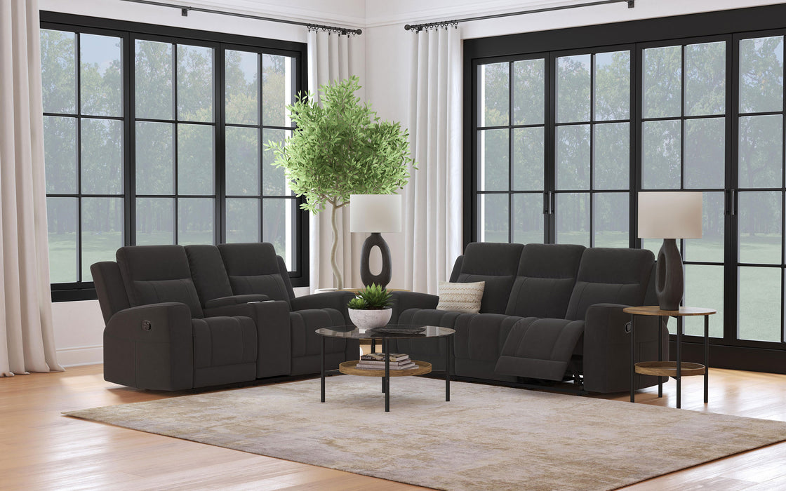 CoasterEveryday Brentwood 2-piece upholstered reclining sofa set in charcoal fabric