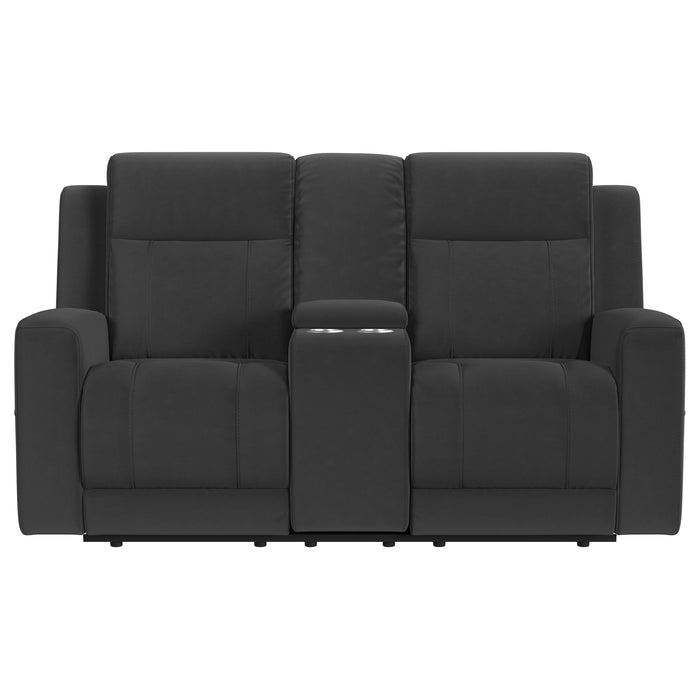 CoasterEveryday Brentwood dark charcoal upholstered reclining loveseat with plush cushions and dual recliners