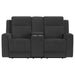 CoasterEveryday Brentwood dark charcoal upholstered reclining loveseat with plush cushions and dual recliners