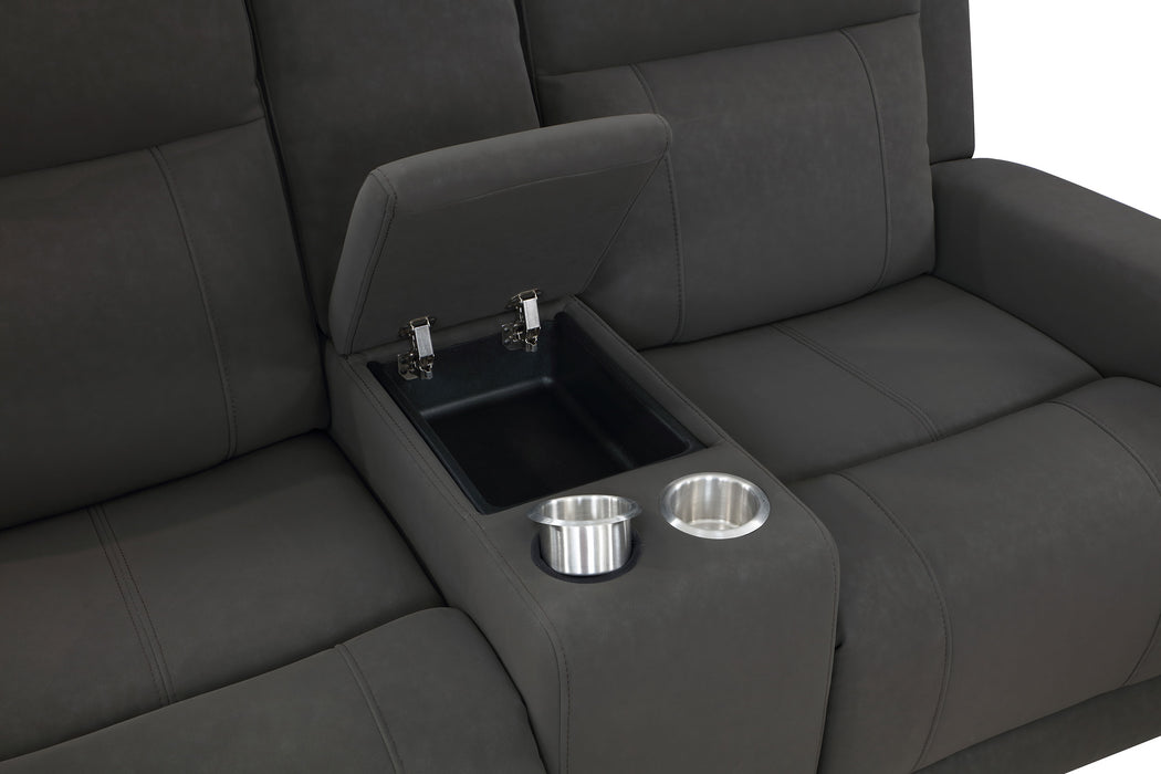 Brentwood upholstered reclining loveseat in dark charcoal by CoasterEveryday