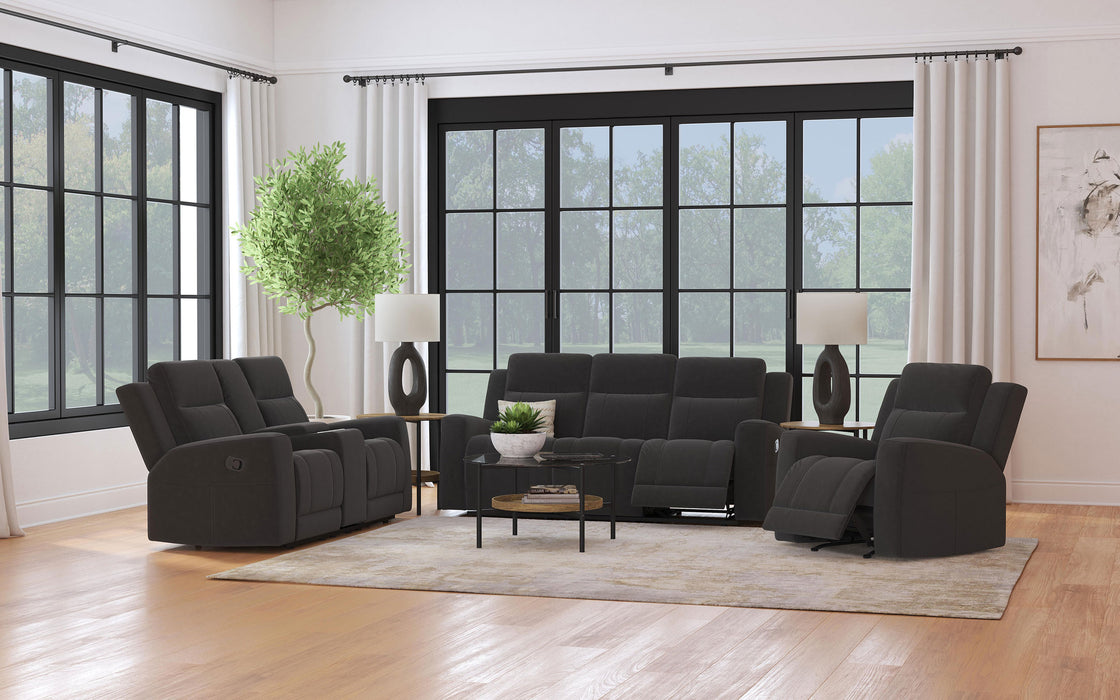 Brentwood dark charcoal upholstered recliner chair by CoasterEveryday with cushioned back and padded arms