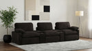 CoasterEveryday Collins 5-piece power reclining home theater seating in rich chocolate brown, with plush cushions and built-in cup holders.