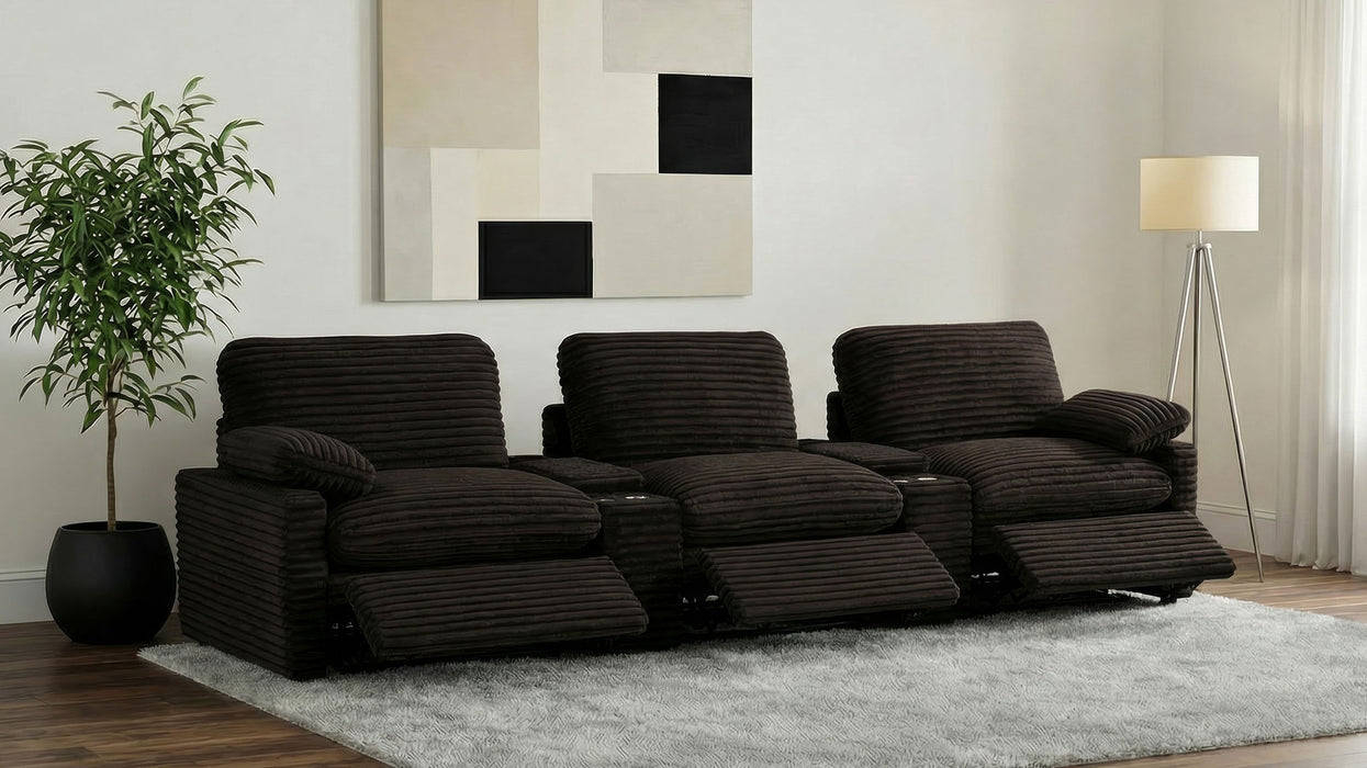 Collins 5-piece power reclining home theater seating in chocolate brown with plush cushions and built-in cup holders, by CoasterEveryday.