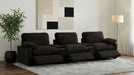 Collins 5-piece power reclining home theater seating in chocolate brown with plush cushions and built-in cup holders, by CoasterEveryday.