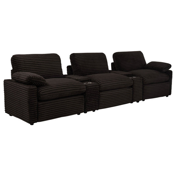 CoasterEveryday Collins 5-piece chocolate brown power reclining home theater seating with plush cushions and armrests.