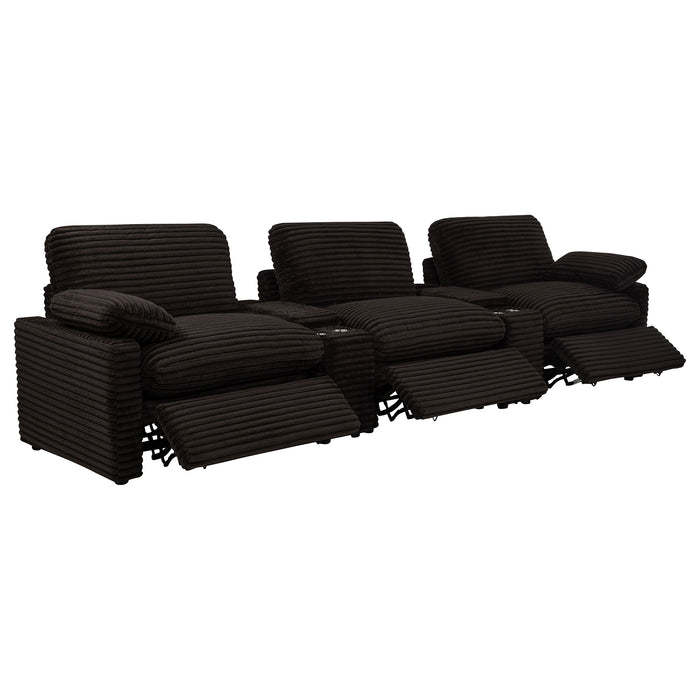 Chocolate brown Collins 5-piece power reclining home theater seating by CoasterEveryday, showcasing plush cushions and reclining features.