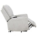CoasterEveryday Sylmar chenille upholstered dual power lift recliner in dove grey beside a side table