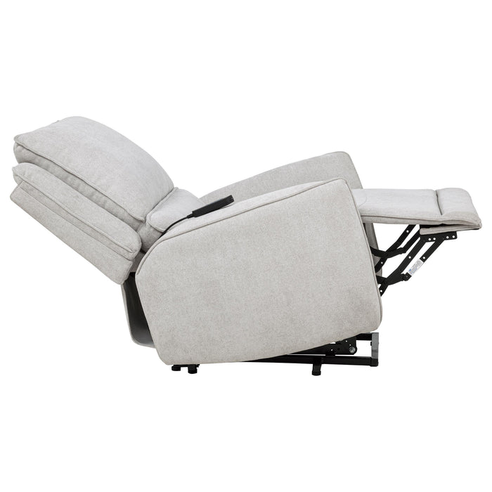 CoasterEveryday Sylmar chenille upholstered dual power lift recliner in dove grey with padded arms and seat