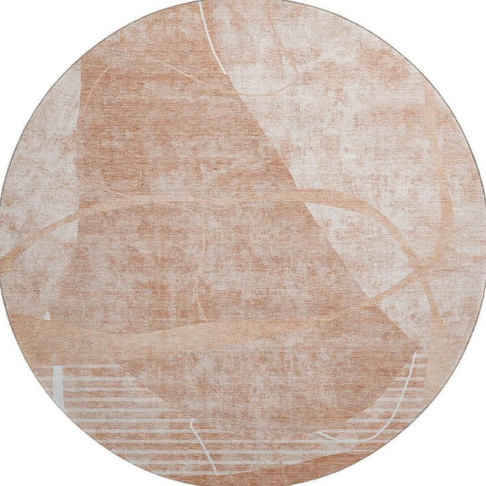 8' Abstract Geometric Washable Round Rug With UV Protection - Salmon And Ivory