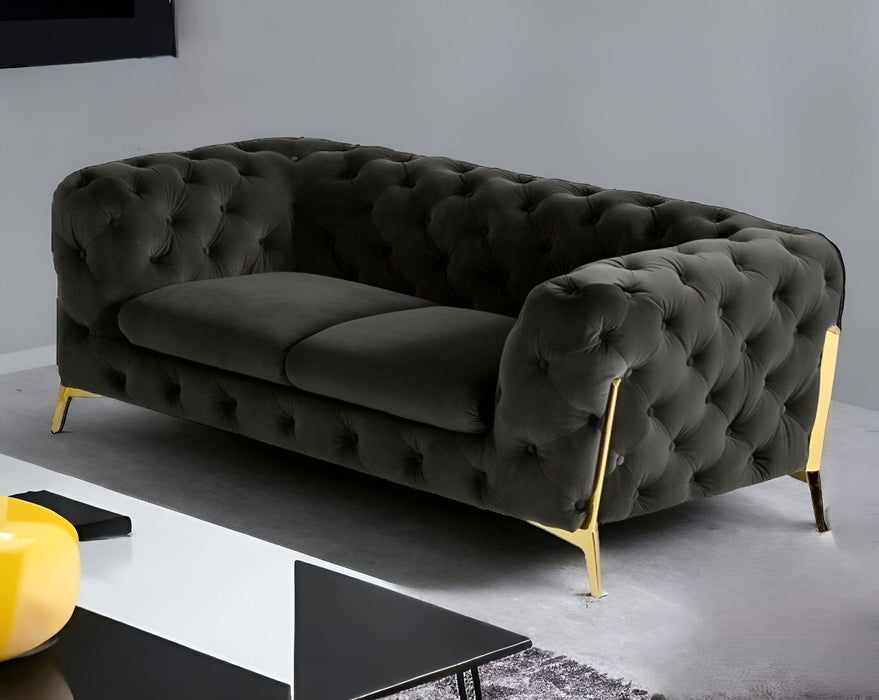 Velour Chesterfield Loveseat - Dark Gray / Gold