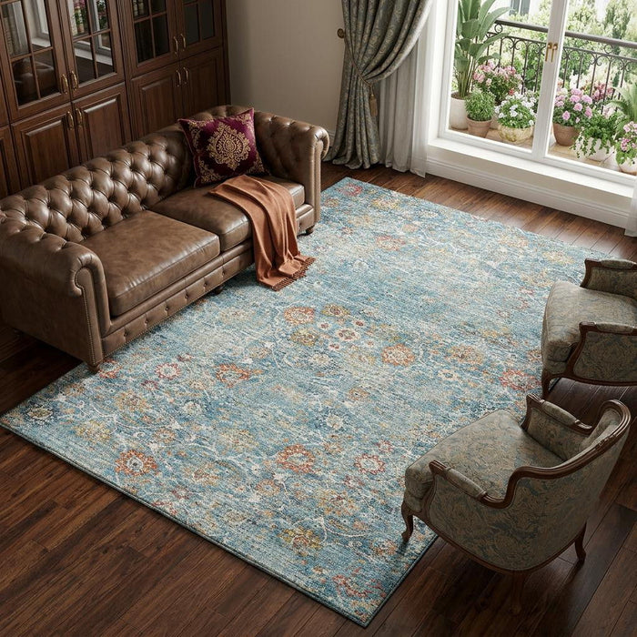 9' X 12' Floral Medallion Distressed Washable Area Rug With UV Protection (644215) - Blue / Orange / Gold