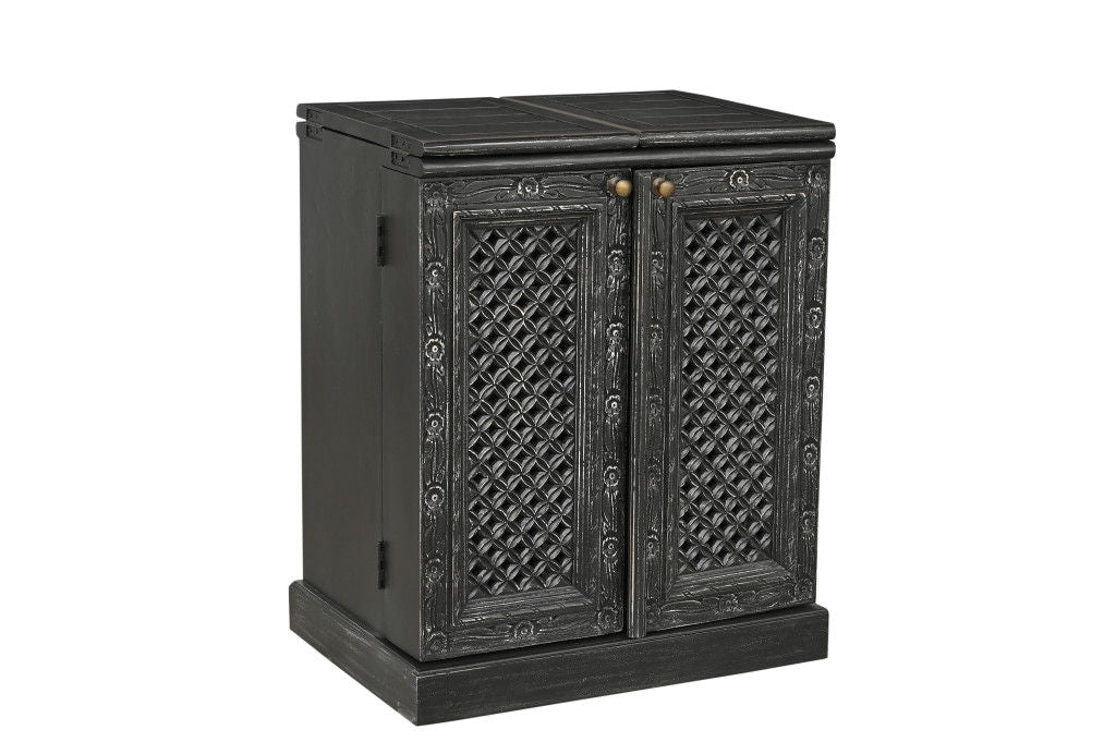 Solid Wood Carved Floral Bar Cabinet With Two Doors One Drawer (727846) - Black