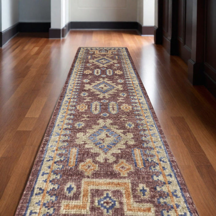 12' Wool Geometric Hand Knotted Runner Rug With Fringe - Blue Red And Tan