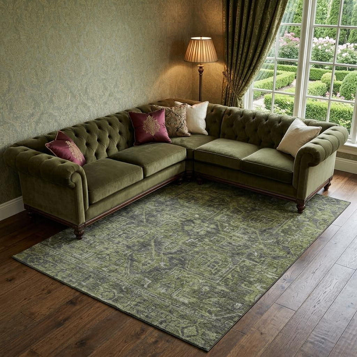 9' X 12' Medallion Distressed Washable Area Rug With UV Protection (649743) - Green / Gray